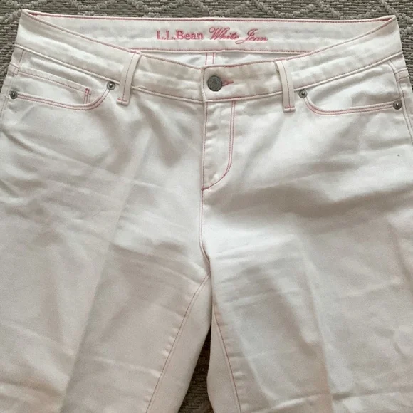 L.L. Bean White Jeans: Pink Stitching accents, Ribbon belt, Bootcut & Wider Leg - Picture 4 of 12